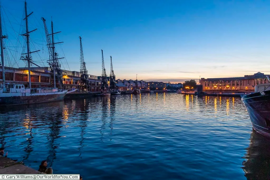 A view of Bristol Harbour from the Prince Street Bridge at dusk