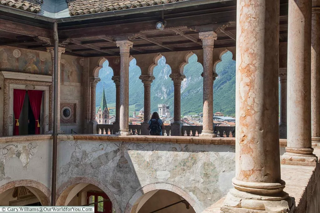 A view from the back of the central courtyard of the castle looking over the view beyond.