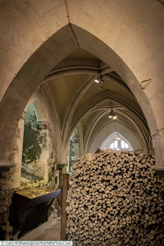 Looking along the vaulted ossuary of St. Leonard’s Church and Crypt in Hythe