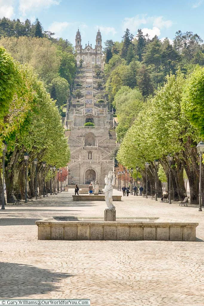 Looking along a tree lined square to the staircase that leads to Our Lady of Remedies chapel on the hillside of Lamego, Portugal