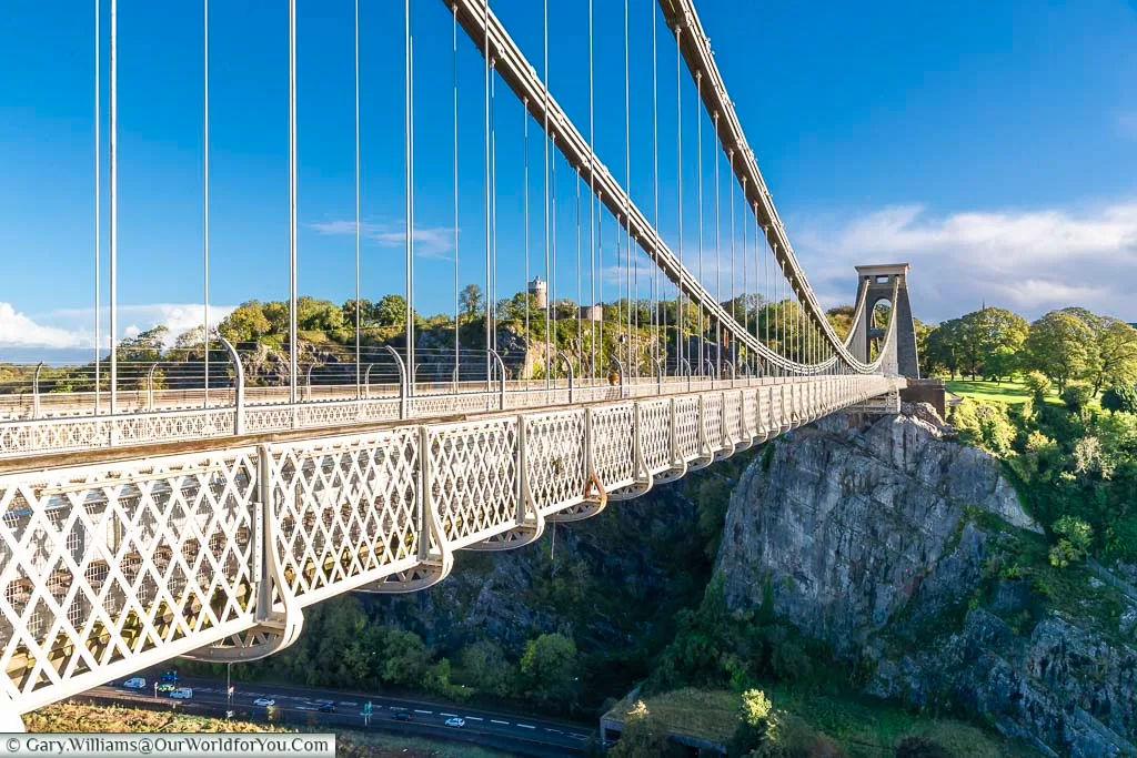 The view back from the western tower over the Clifton Suspension Bridge over the Avon gorge below