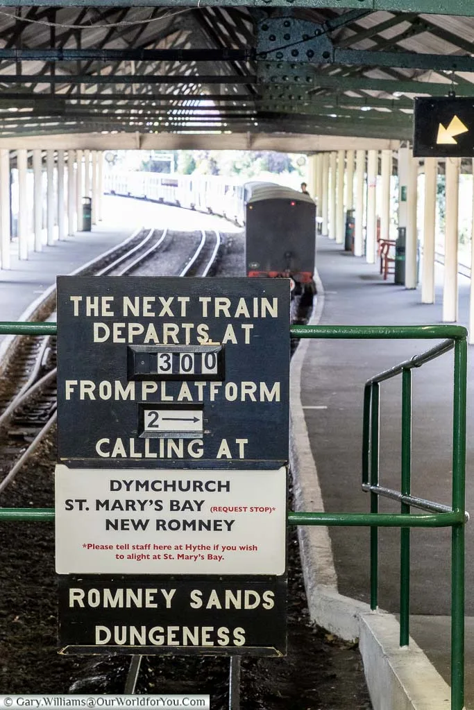 The departure board of the Romney, Hythe & Dymchurch Miniature Railway at Hythe station