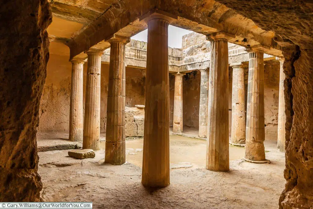 The columned interior of the inside Tomb 3 in the archaeological site of the Tombs of the Kings
