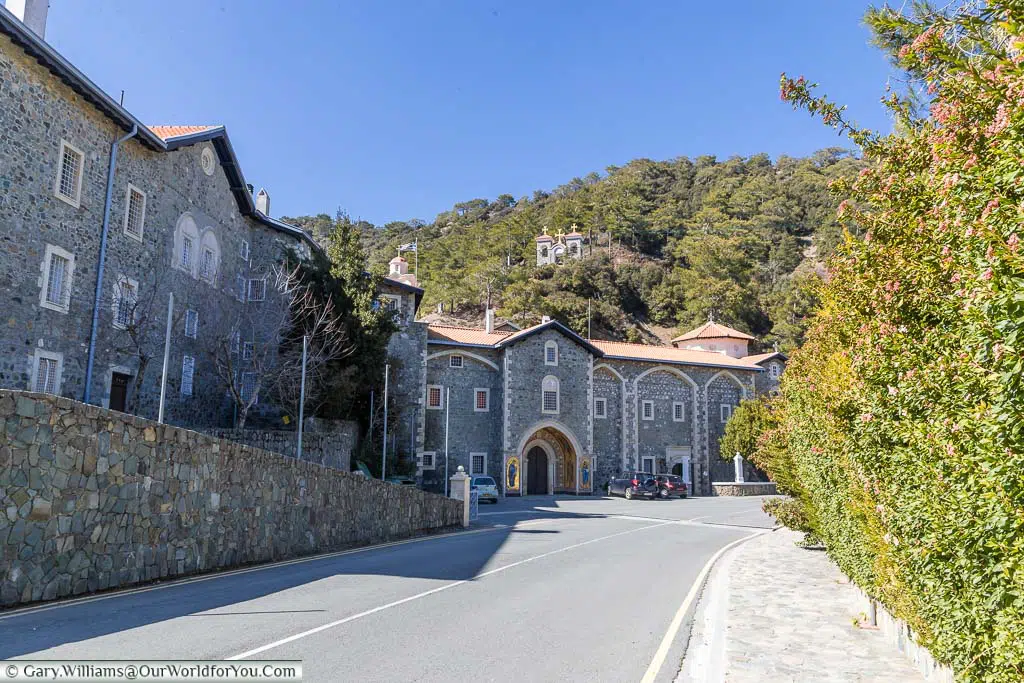 The Kykkos Monastery, high in the hills of Cyprus, with its bell tower high up on the hillside.