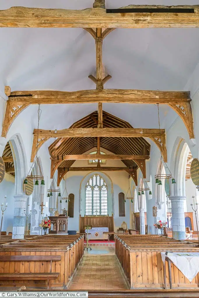 A ancient woodwork inside the church of St. Dunstan's, Snargate n the Romney Marshes in Kent