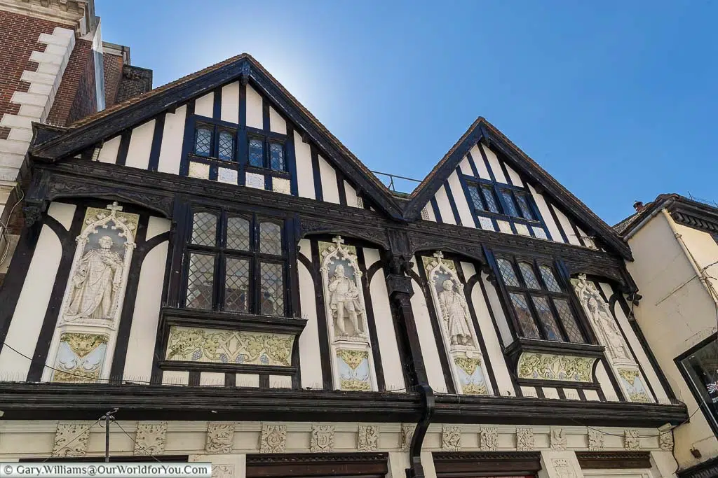 Ornate carving on the upper floor of the tudor looking number 89 Bank Street in maidstone