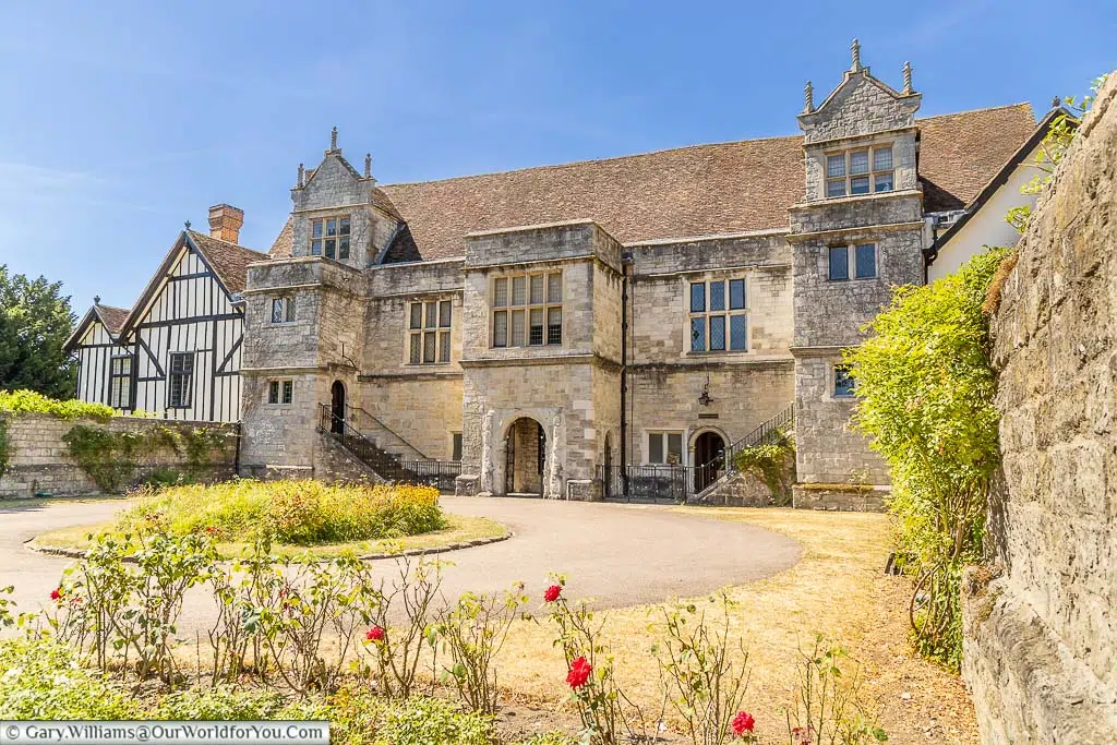 The front of medieval Archbishop's Palace in Maidstone on a bright day under blue skies. One of making it one of maidstone's visitor attractions