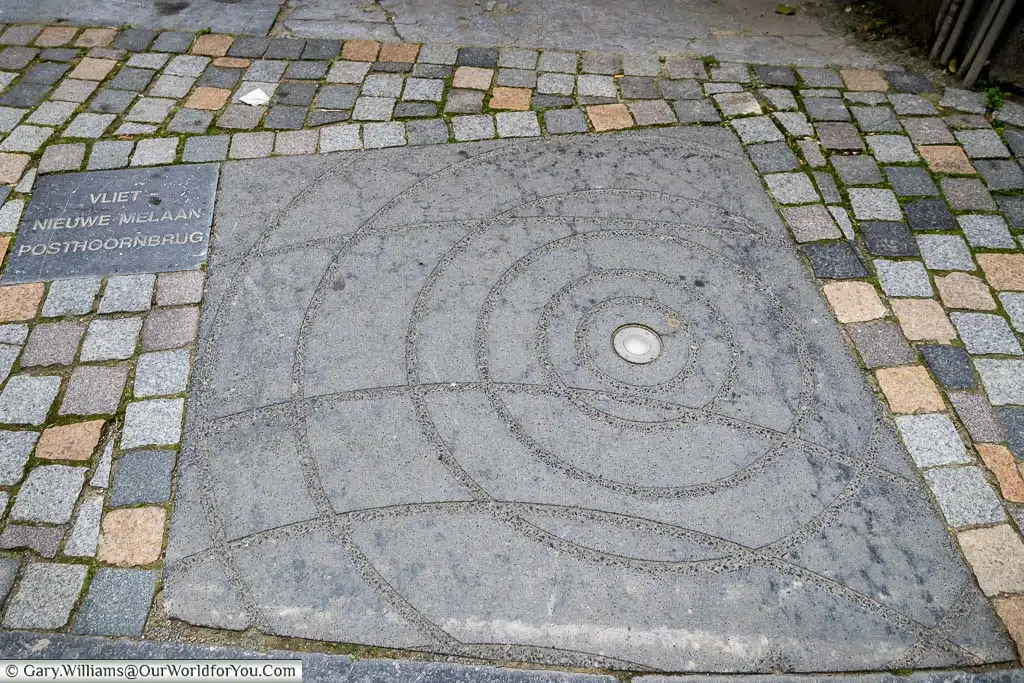 A pavement marker with concentric circle marking the path of an ancient waterway in Mechelen's city centre