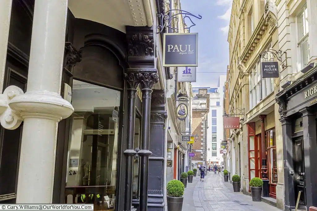 A view down the pedestrianised Bow Lane in the City of London