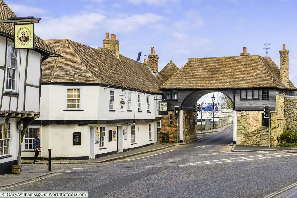 The historic Barbican tollgate over the road into Sandwich, a beautiful part of Kent to visit