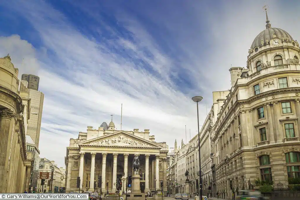 The bustling road junction at Bank, with the Royal exchange direcly in front of us, and the Bank of England on the left.
