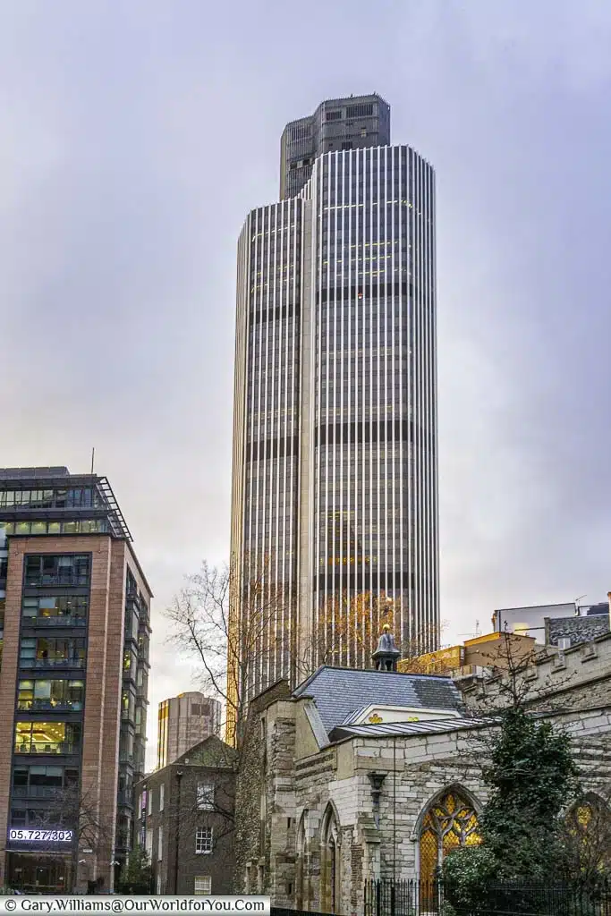 A view of the Natwest Building in the City of London at dusk on a winter's day