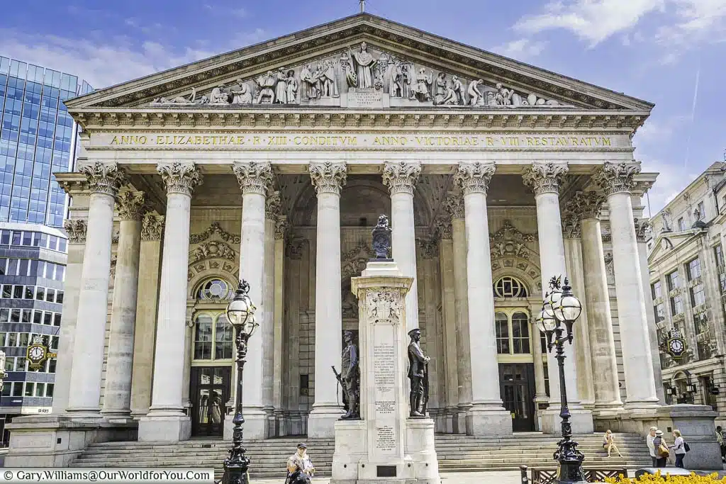 The Royal Exchange, as seen from the gardens at the intersection between Threadneedle Street & Cornhill.