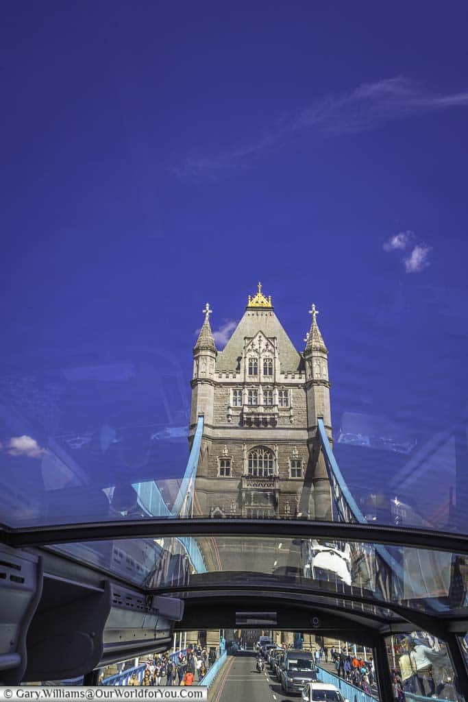 The view of Tower Bridge as we crossed over it, looking through the glass roof to the southernmost bridge tower.