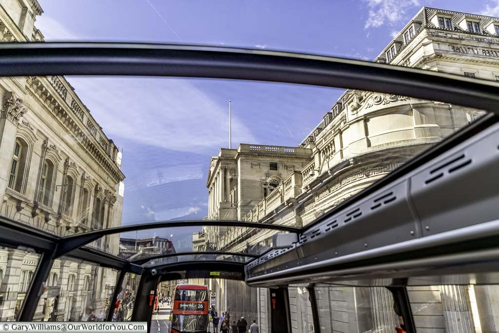Looking through the roof of Bustronome to the Bank of England as we travel slowly through the roads of the City of London
