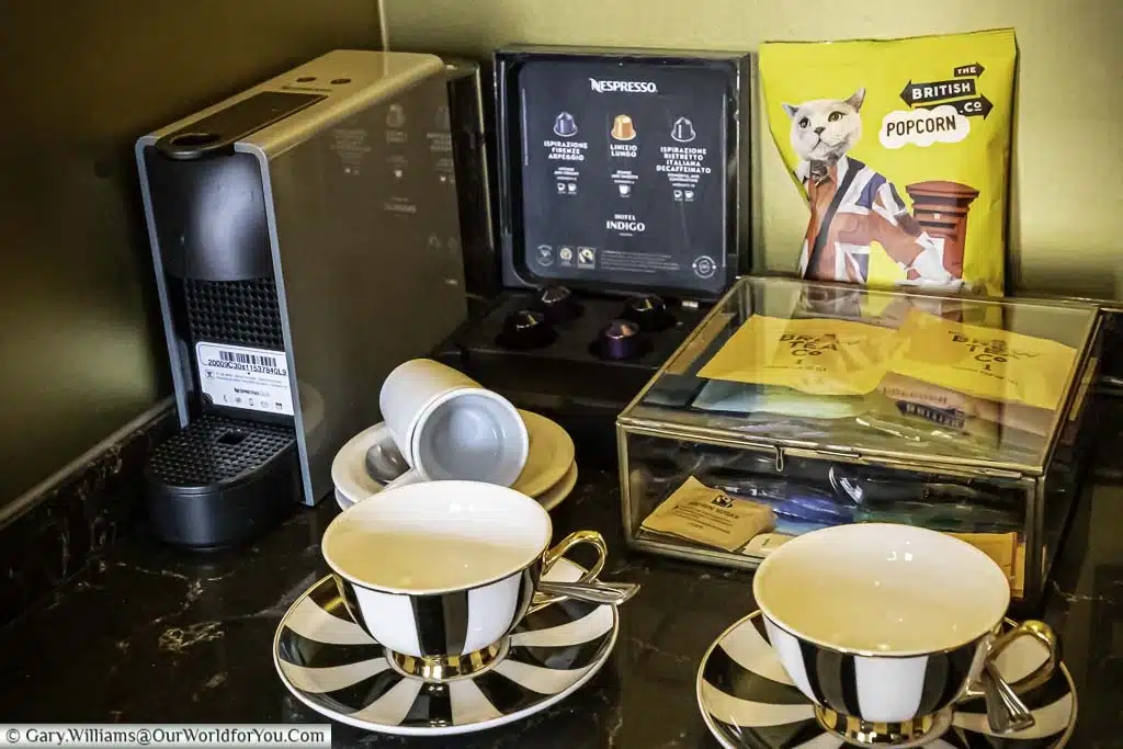 The drinks station in our king deluxe room at the hotel indigo chester