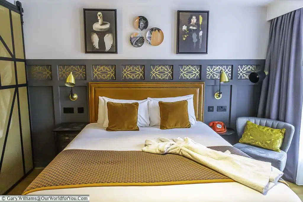 The view of our King Deluxe Room from the end of the luxury king-size hypnos bed at the hotel indigo chester
