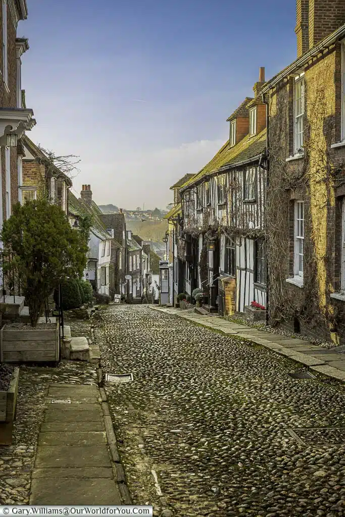 The view down the cobbled Mermaid Street in Rye, East Sussex