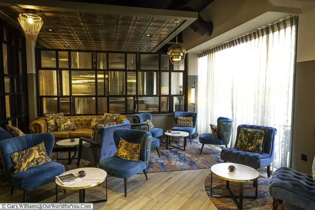 The relaxed reception seating at the luxury Hotel Indigo in Chester, Cheshire