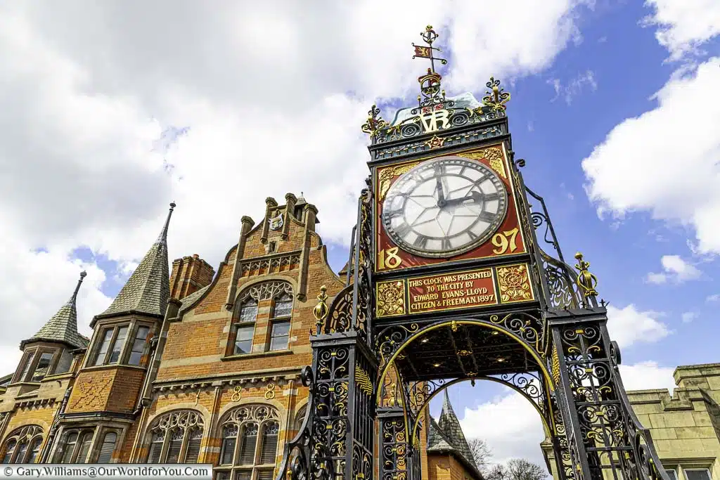 A close-up of chester's eastgate clock from the city walls