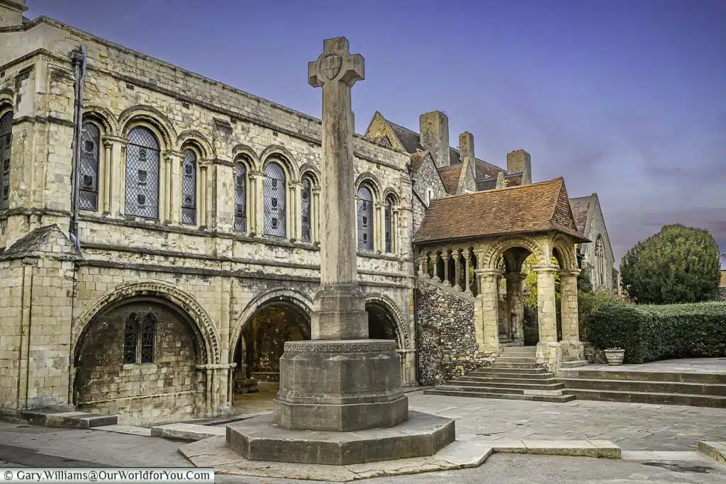 A stone cross in Memorial Court, King's School, Canterbury
