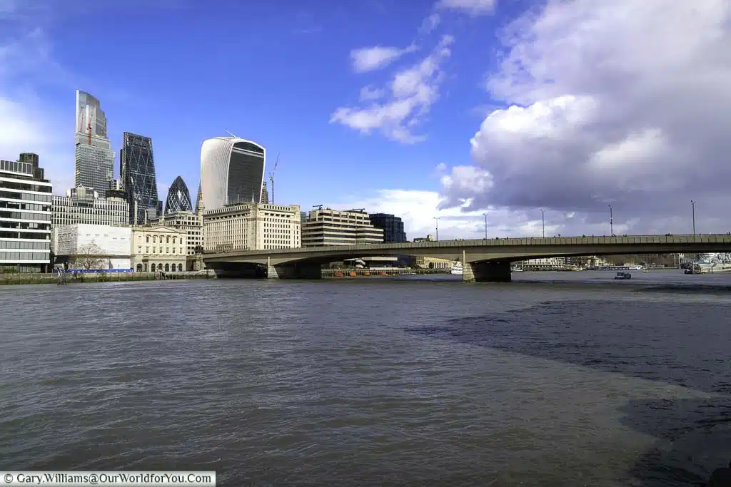 The view from london's bankside to london bridge and the historic city of london beyond