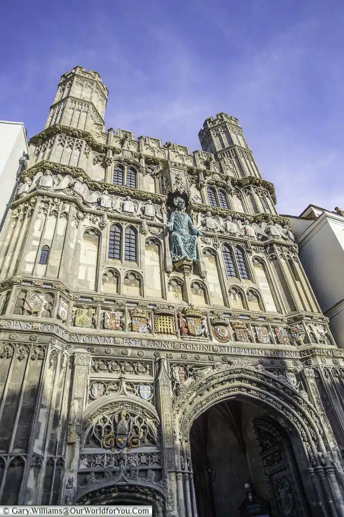 The ornate stone Christchurch gate entrance to the Canterbury Cathedral
