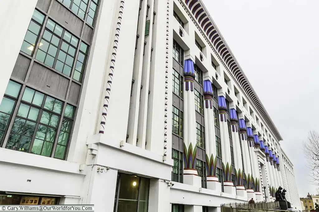 The Art Deco, Egyptian Revival style, facade to London House, formerly the Carreras Cigarette Factory in Mornington Cresent.