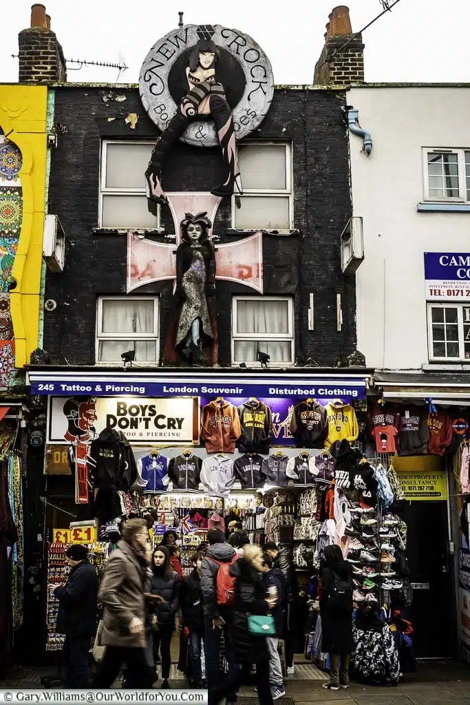 The New Rock Boots & Shoes store shared with the Dark Side tattoo parlour in Camden High Street.