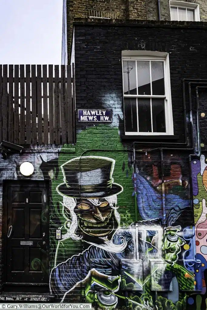 Street Art at the entrance to Hawley Mews, Camden