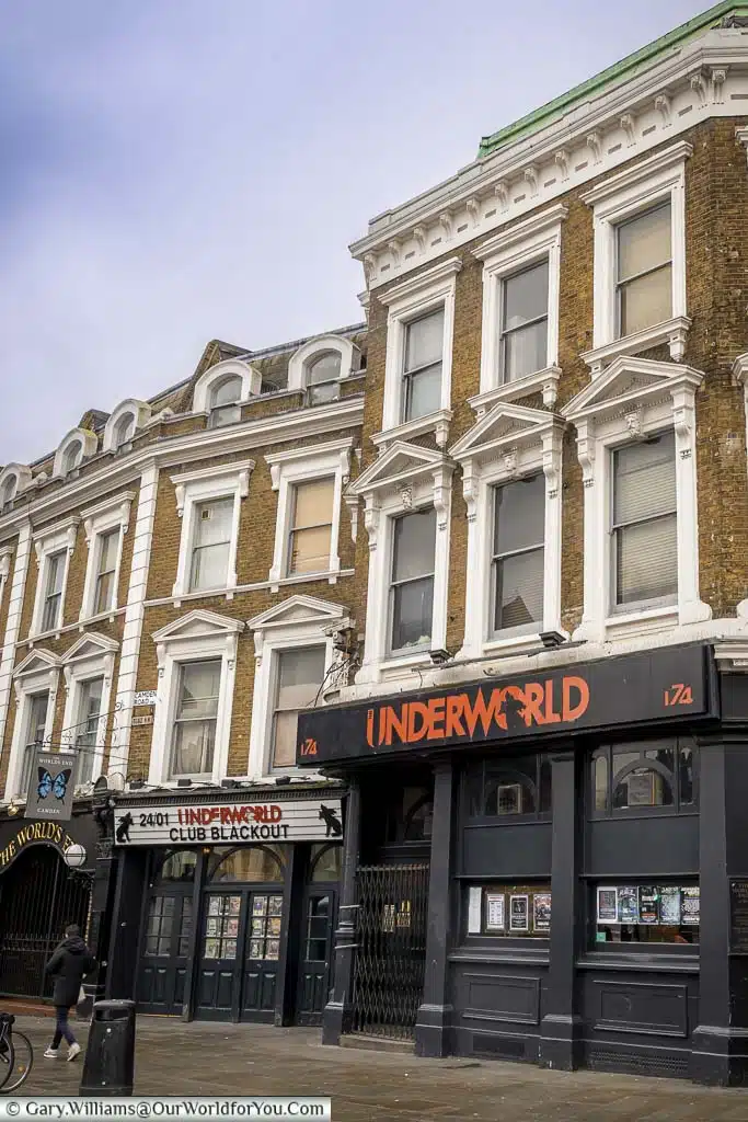 The black facade of 'The Underworld' music venue in Camden built on the lower level of Georgian townhouses.