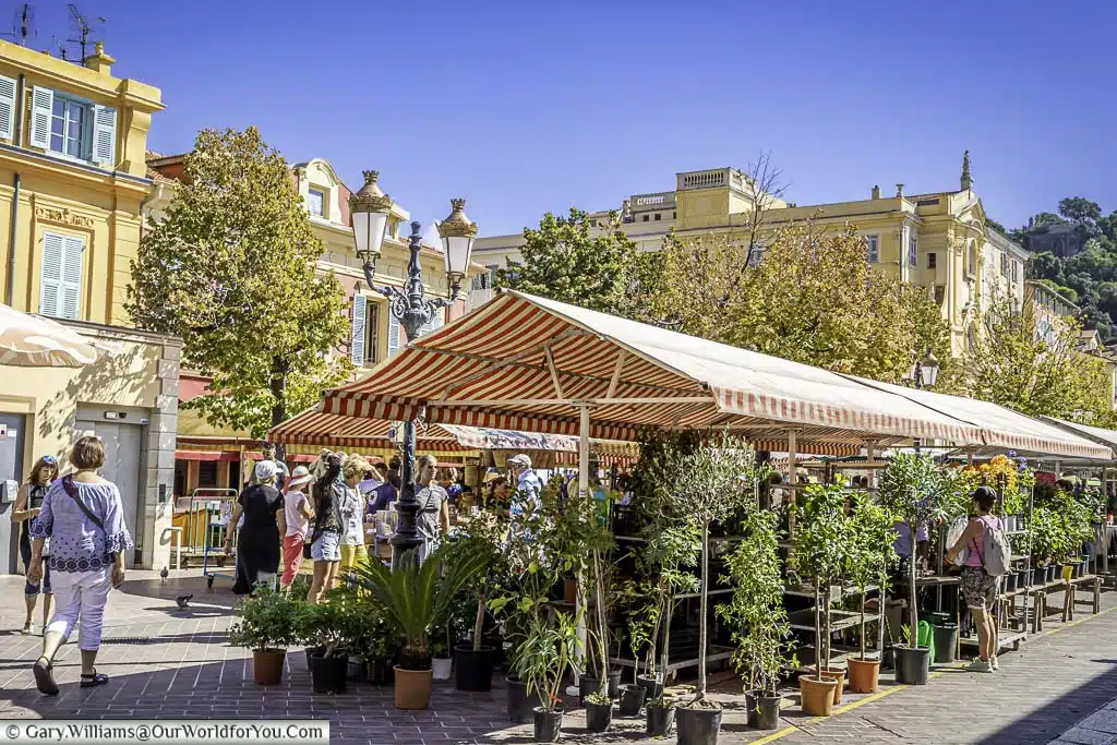The back of the bustling market in Cours Saleya in central Nice in the South of France
