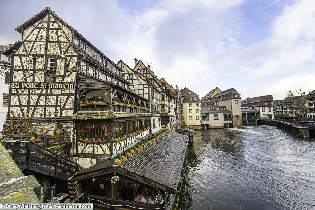 The view from Pont Saint-Martin over the canals of Petite France, framed by the half-timber buildings typical of this part of Strasbourg.