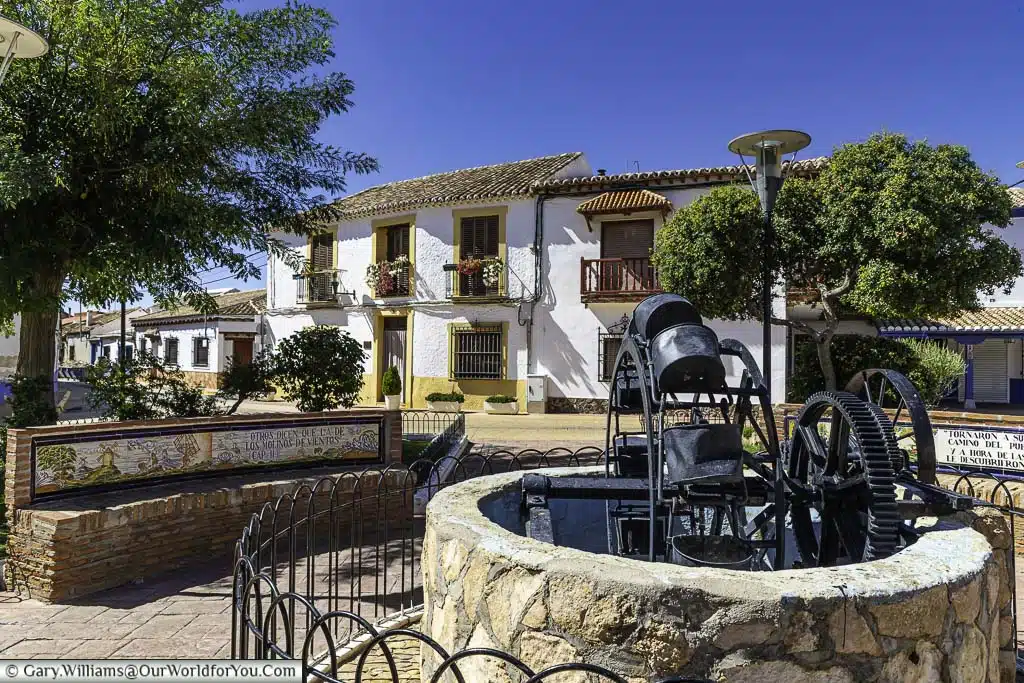 A water feature in the centre of plaza de la constitucion in Puerto Lapice, Spain.