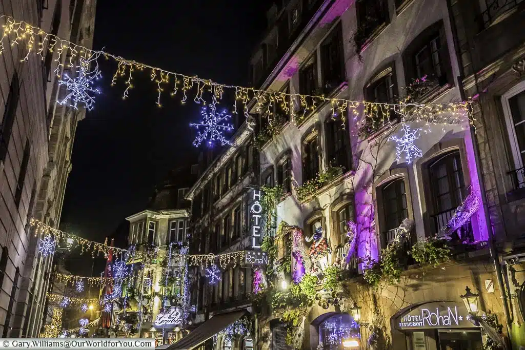 The illuminated Rue du Maroquin in Strasbourg.