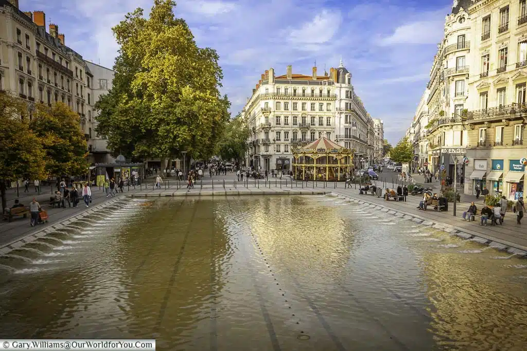 A rectangular urban pond in the place de la republic in lyon, france