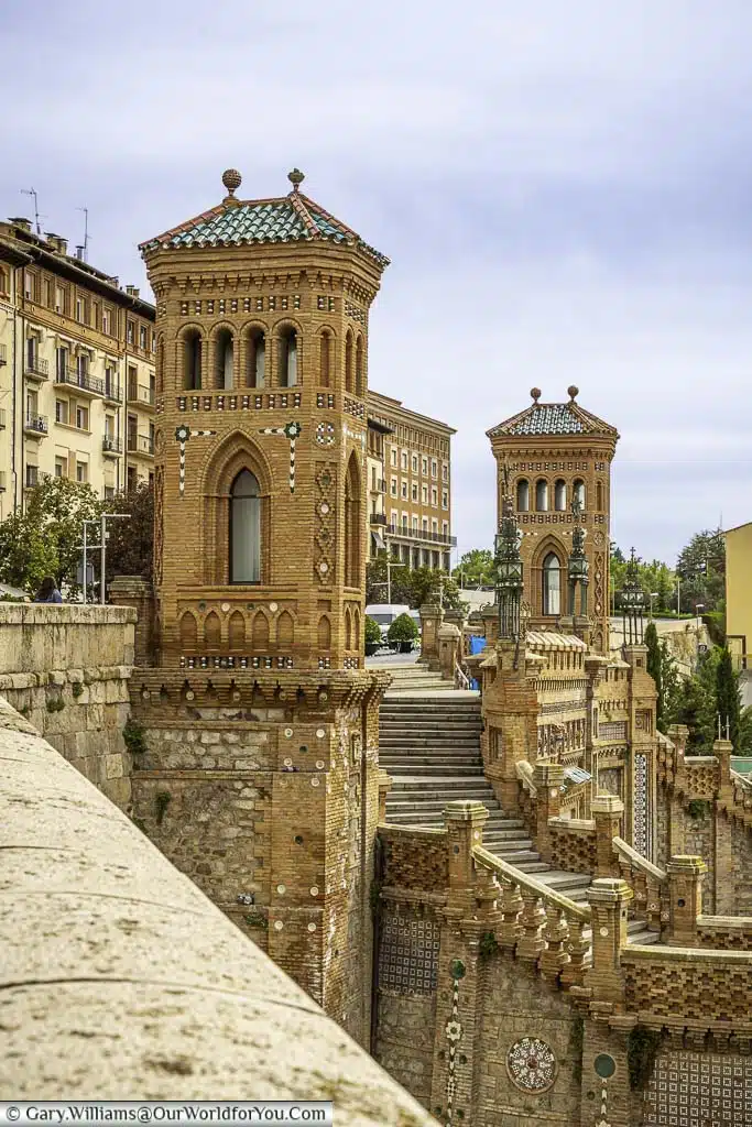 A view of the top of the teruel staircase with it's neo-mudéjar design.