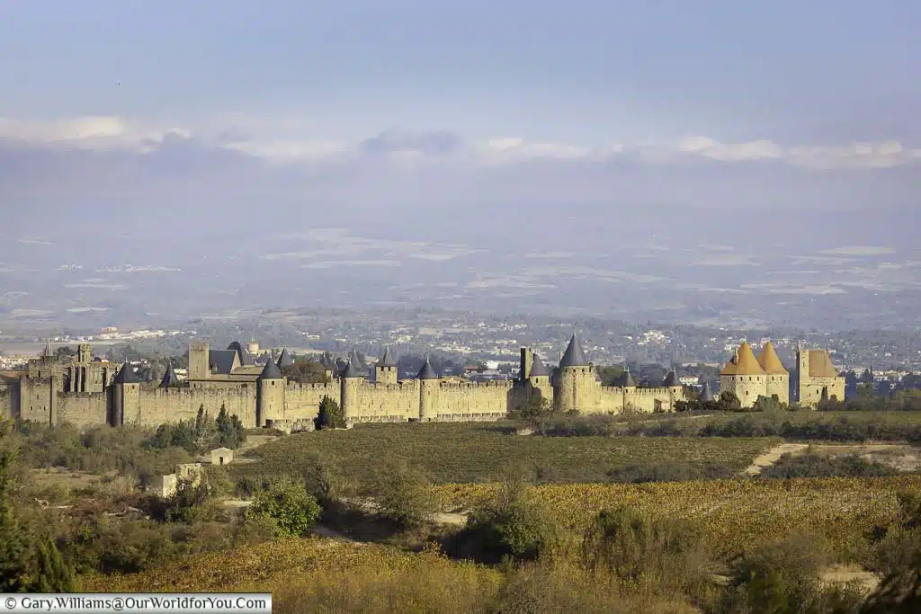 A view from a distance of the historic walled city of Carcasonne in the Languedoc region of France