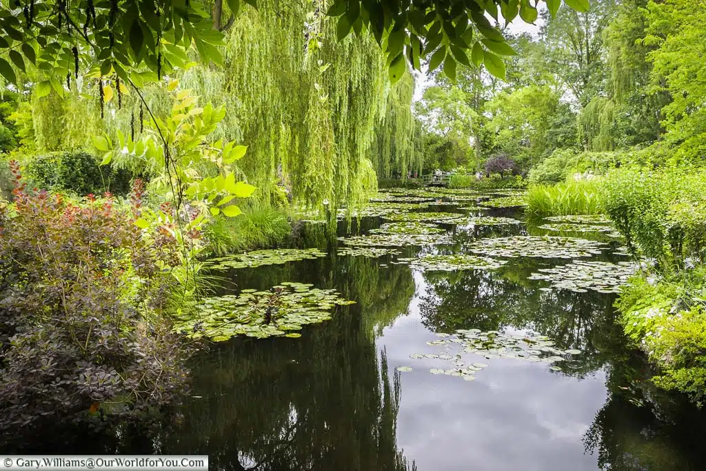 The view across the lily pond to a green footbridge in the distance in Claude Monet's gardens in Giverny, Normandy