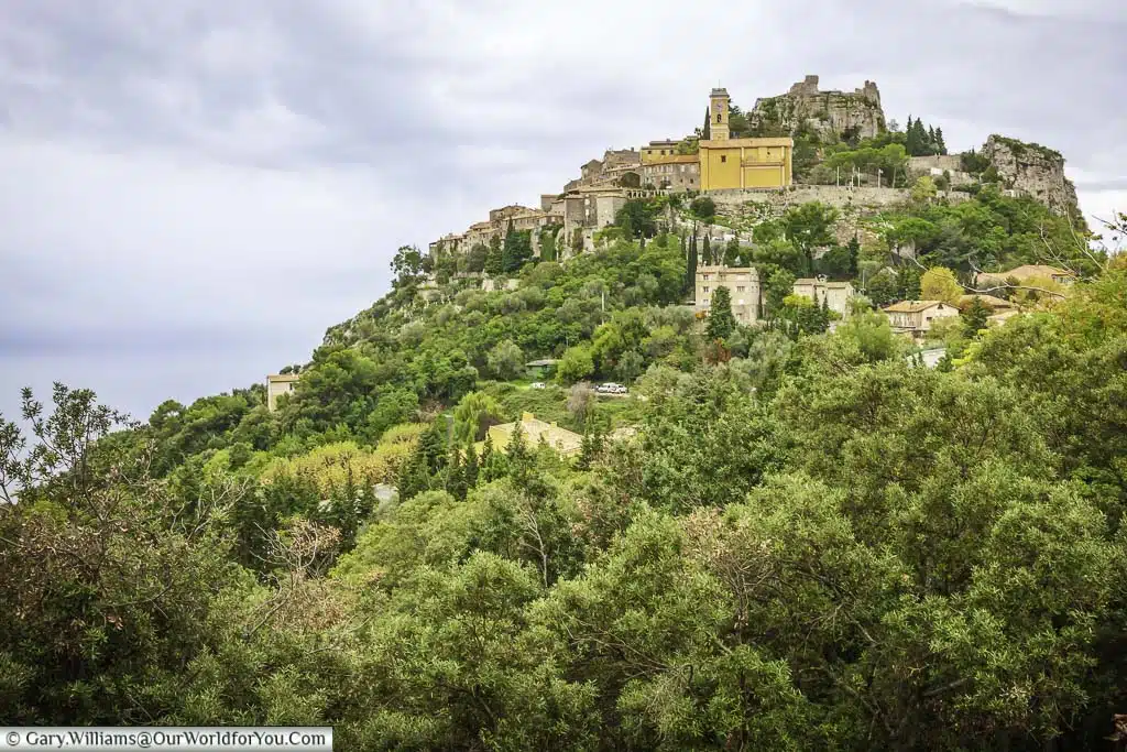 a view of the hillside town of èze in the alpes-maritimes department in the provence-alpes-côte d'azur region in southeastern france