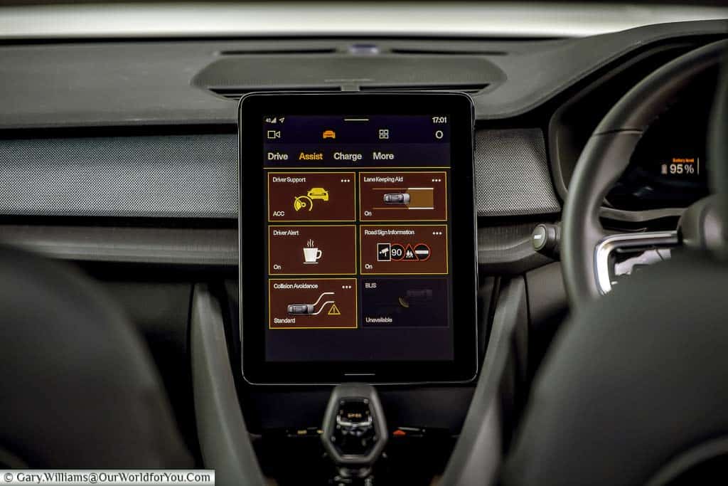The dash of the polestar 2 with its central display showing some of the driver aids available