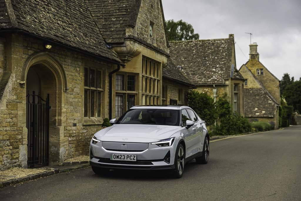 A stock Photo of a Polestar 2 in Magnesium in the Cotswolds