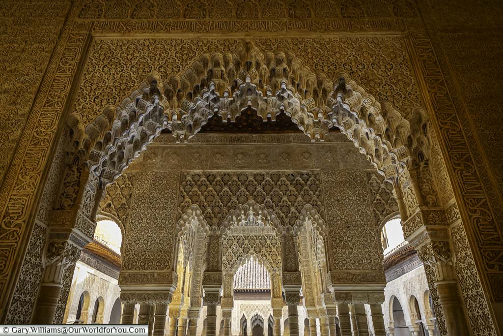 The intricate detail of the internal areas of the alhambra palace in granada, spain