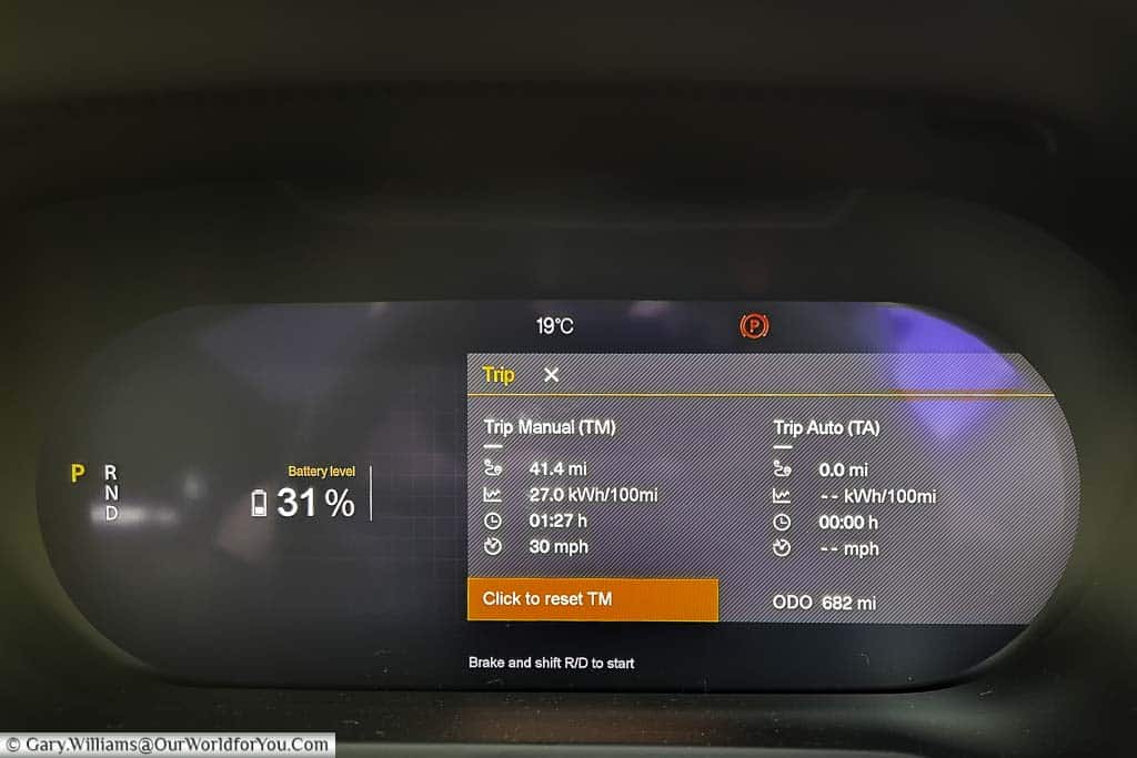 The Trip Computer readout from the Polestar 2 consuming 27 Kilowatt Hours per 100miles