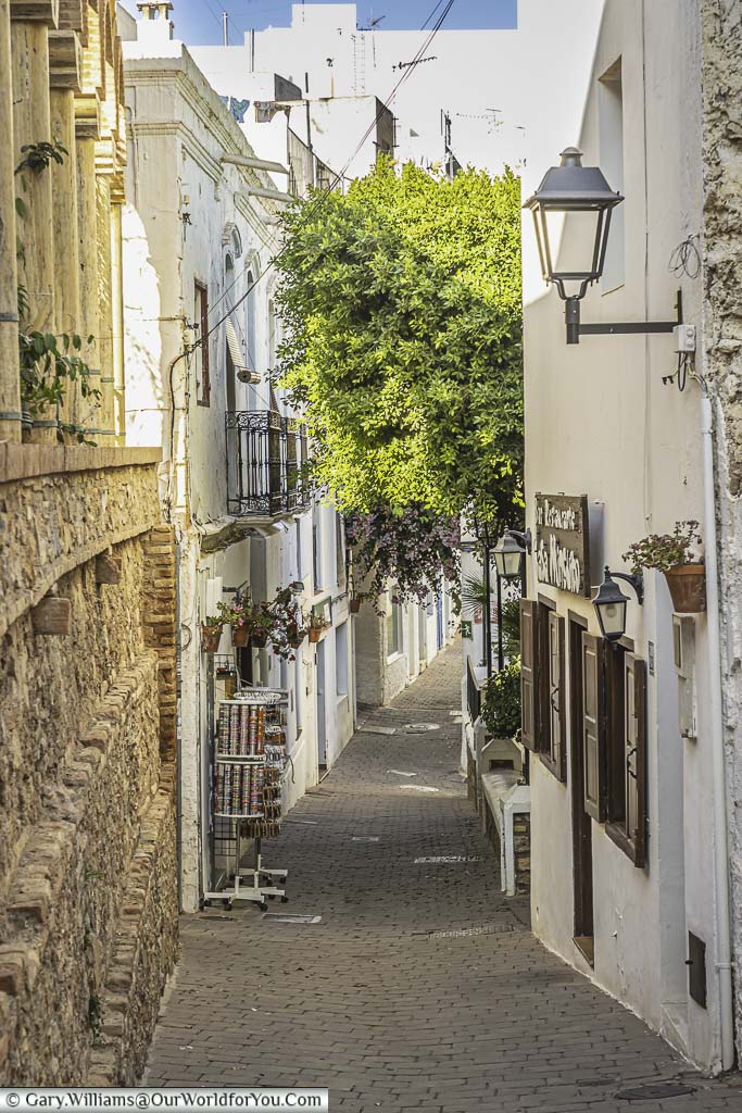 A narrow cobbled lane in the heart of old town mojácar, andalucia, spain