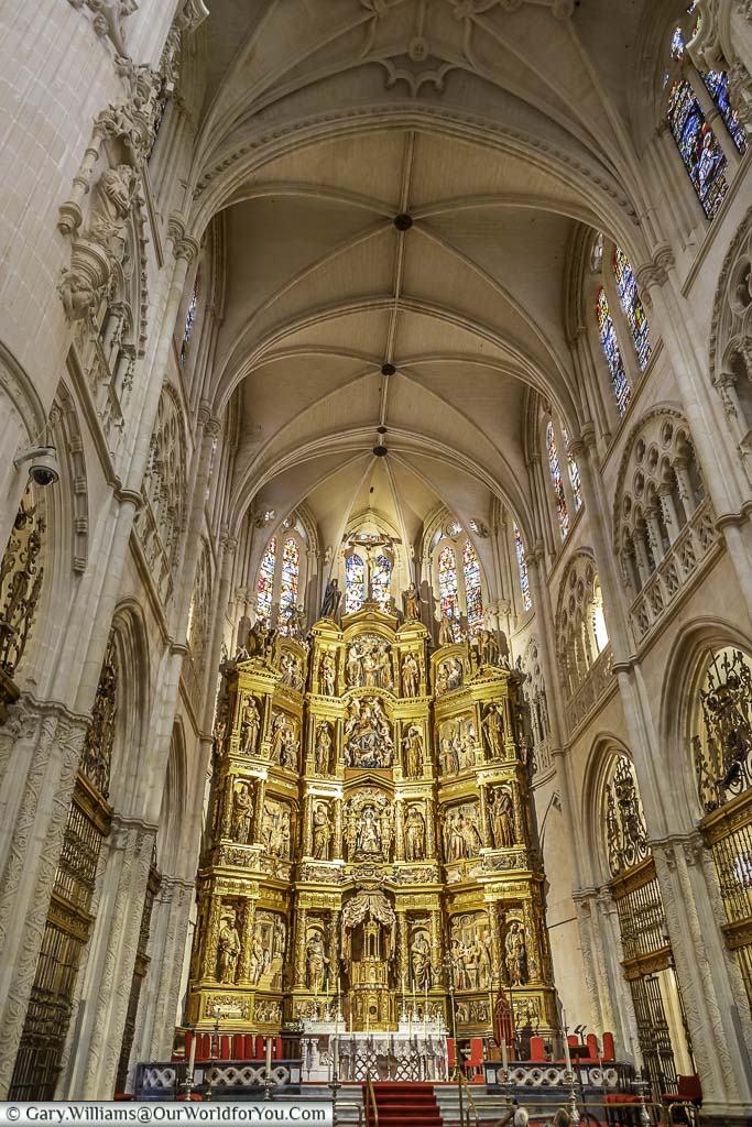 the golden altar in the major chapel of burgos cathedral, in northern spain