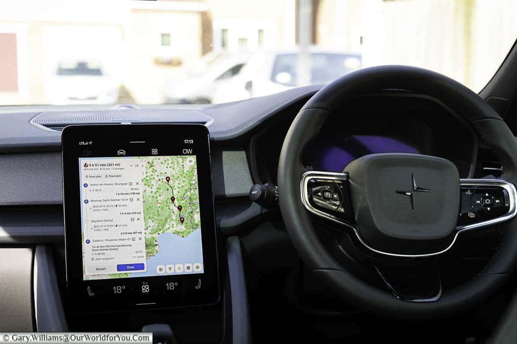 A map of our planned French road trip on the 'a better route planner' app as displayed on the central screen of our polestar 2 electric car