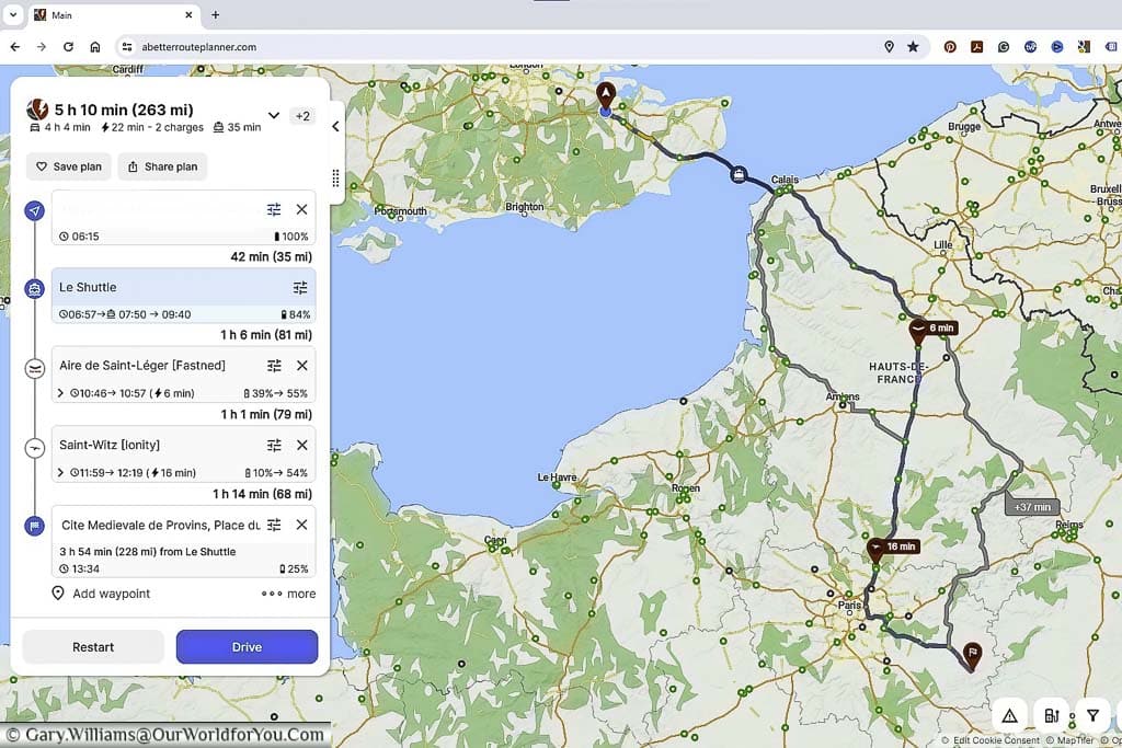a screenshot of a better route planner, highlighting the first leg of our french road trip in an ev with charging stops highlighted.
