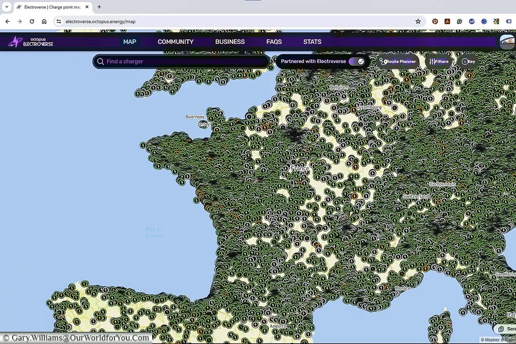 A screenshot of the electroverse map of france detailing the available charging locations across the country