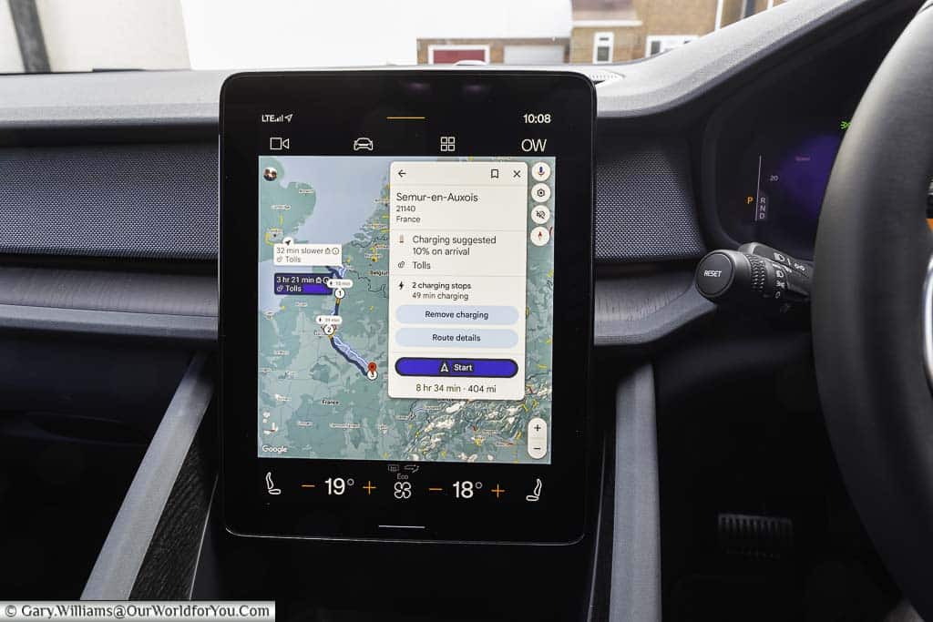 google maps on display in the central display of our polestar 2 electric car showing a leg of our planned french road trip